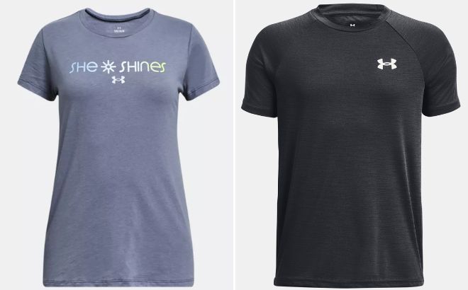 Under Armour Girls Gradient Short Sleeve on the Left and Under Armour Boys Velocity Twist Short Sleeve