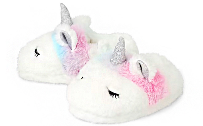 Unicorn Faux Fur Toddler Girl Slippers in White Color