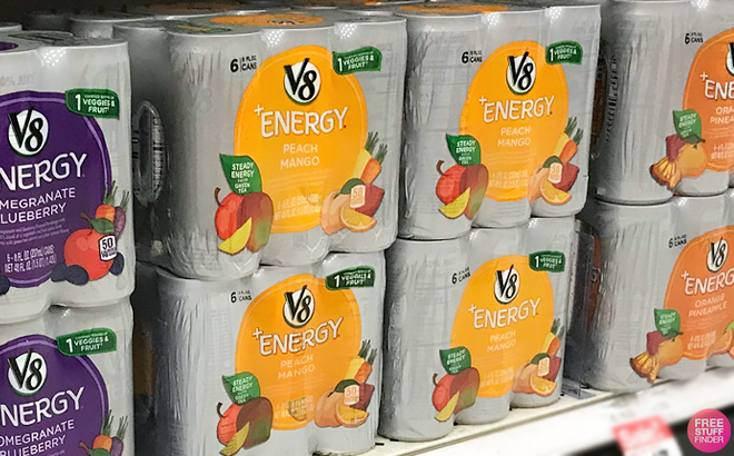 V8 Energy Peach Mango Drinks on a Shelf