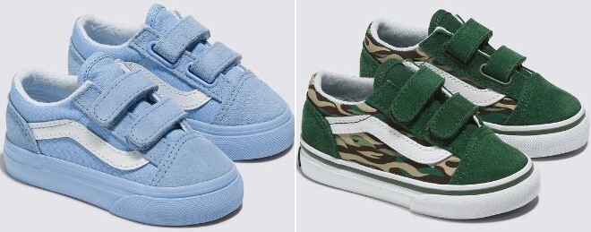 Vans Toddler Old Skool V Shoes in Pastel Mono Color on the Left Side and in Flame Camo Green Color on the Right Side