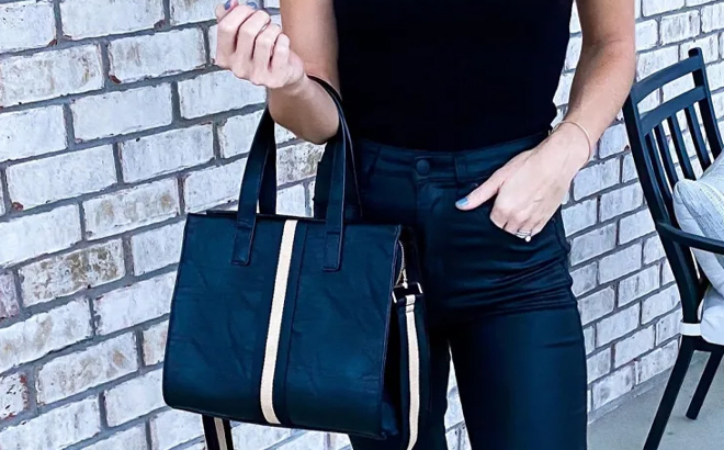 Woman Wearing Becky Tote in Black with Cream Stripe