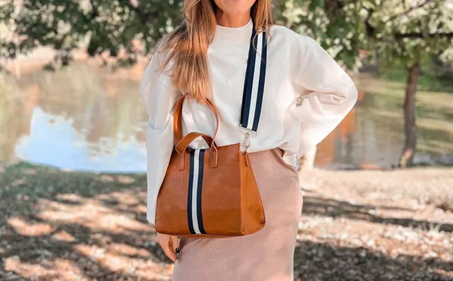 Woman Wearing Becky Tote in Brown with White Stripe