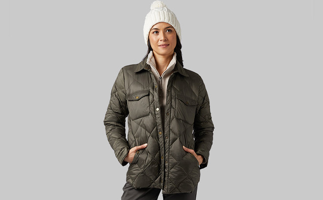 Woman is Wearing 32 Degrees Womens Lightweight Poly Fill Shirt Jacket in Forestwood Color