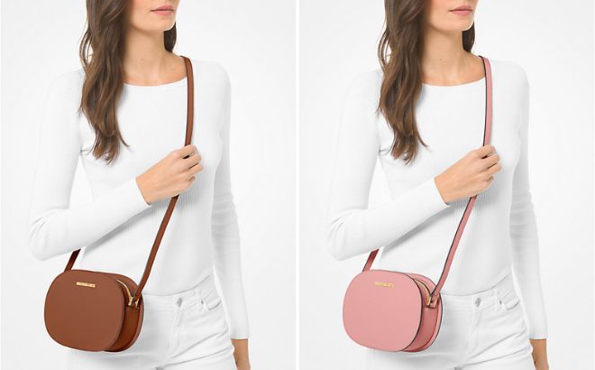 Woman is Wearing Michael Kors Jet Set Travel Medium Saffiano Leather Crossbody Bag