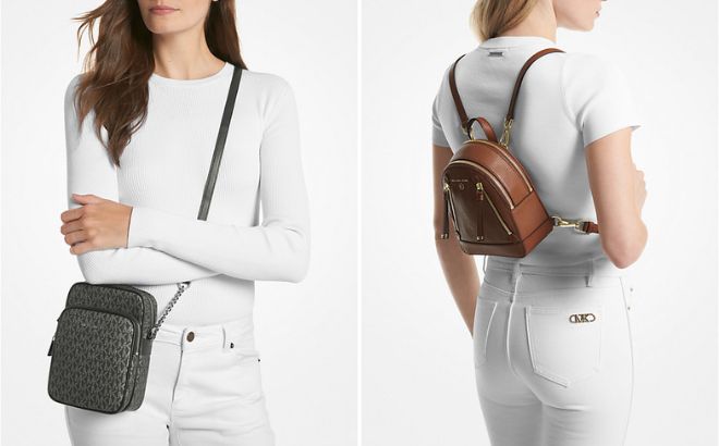 Women are Wearing Michael Kors Jet Set Travel Medium Metallic Signature Logo Crossbody Bag and Brooklyn Extra Small Pebbled Leather Backpack