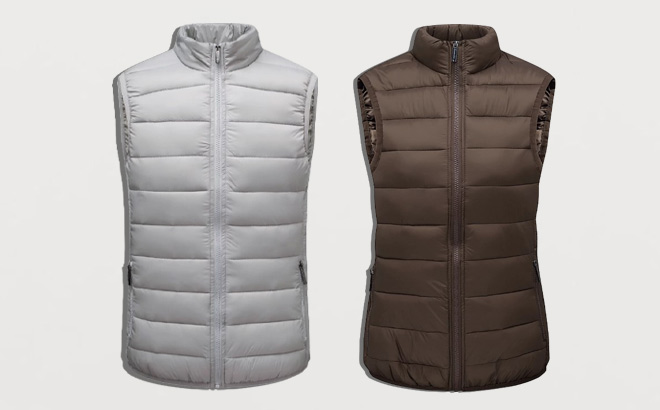 Womens Puffer Vests on Gray Background