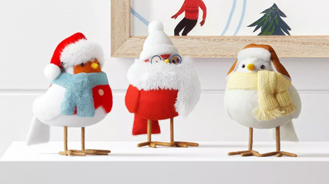 Wondershop Featherly Friends Bird Wearing Scarf Christmas Figurine Set Yellow White Blue