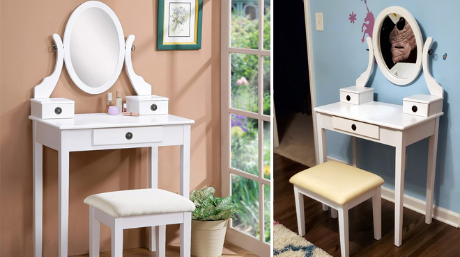 Wood Vanity Table and Stool Set