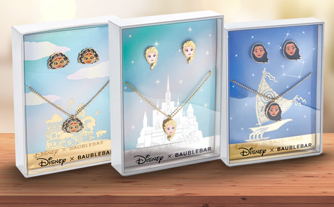 an Image of Disney Baublebar Kids Jewelry Set on a Wooden Table