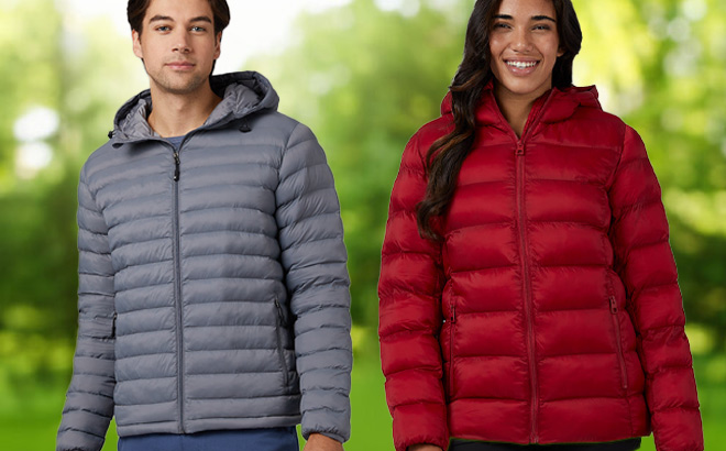 32 Degrees Womens Hooded Jacket in Red and Mens Packable Jacket in Grey