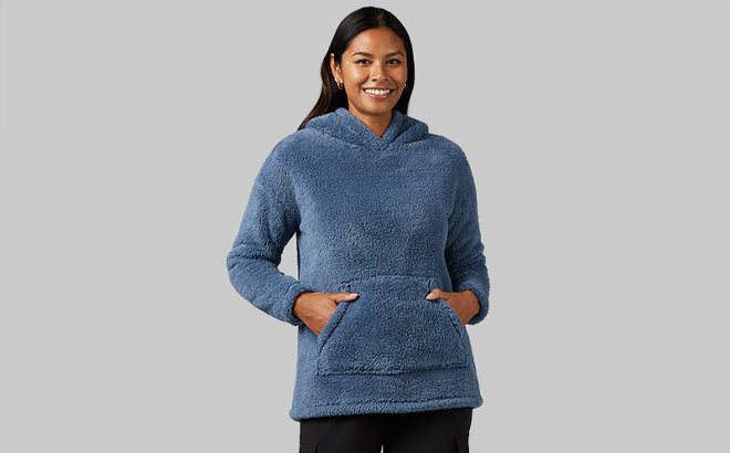 32 Degrees Womens Soft Sherpa Pullover Hoodie in Blue Spot Color