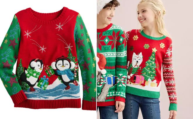 33 Degrees Long Sleeve Crewneck Penguins on Ice Christmas Sweater and Long Sleeve Crewneck Dog with Treats Christmas Sweater