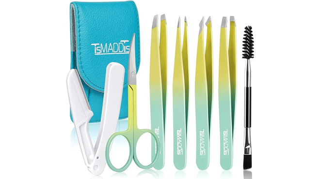 7 Piece Tweezer Set in Mint and Yellow