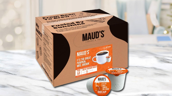 A 72 Count Box of Mauds Decaf Pumpkin Spice Pods on a Table