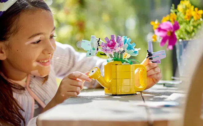 A Girl Playing LEGO Flowers in Watering Can