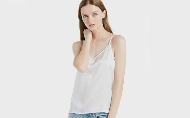 A Woman Wearing a Lilysilk V Neck Front And Back Silk Camisole