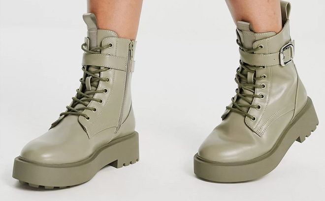 ASOS DESIGN Wide Fit Alix chunky lace up ankle boots in khaki