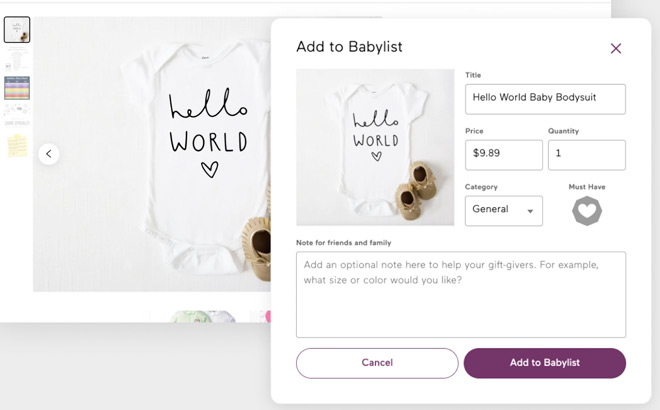 Adding a Baby Bodysuit to Babylist Registry