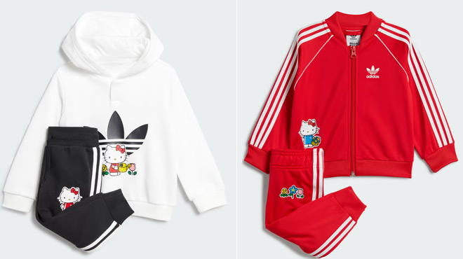 Adidas Originals Hello Kitty Hoodie Set on the left and Adidas Originals Hello Kitty SST Set On The Right