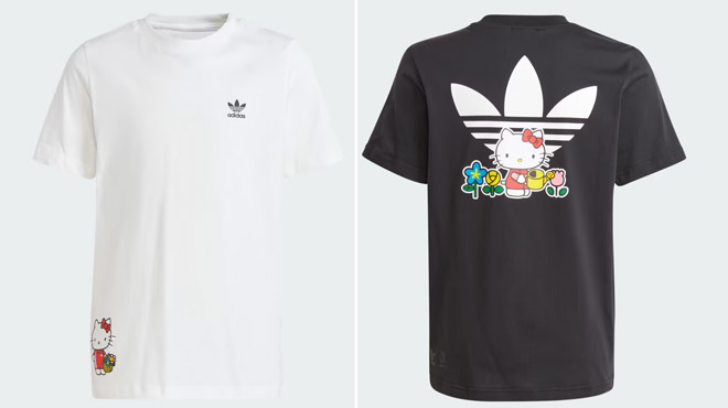 Adidas Originals Hello Kitty Kids Tee Showing the Front Print on the Left and Back print on the right