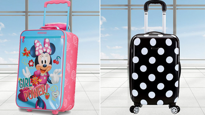 American Tourister Kids Disney Softside Upright Luggage on the left and Rockland Laguna Beach Hardside Spinner Wheel Luggage on the right