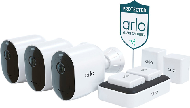 Arlo Pro 4 Spotlight Camera Security Bundle 3 Wire Free Cameras Indoor Outdoor 2K with Color Night Vision