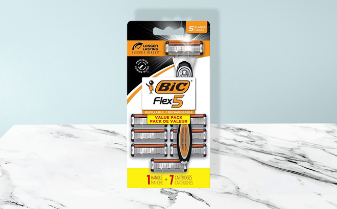 BIC Hybrid Flex 5 Titanium 5 Blade Disposable Razors for Men on the Table
