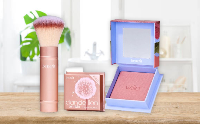 Benefit Cosmetics Blush, Highlighter, and Brush Set on a Table