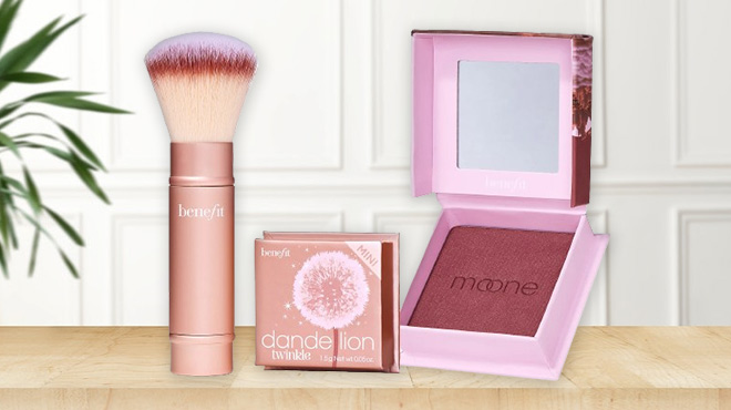 Benefit Cosmetics Blush, Highlighter and Brush Set on a Tabletop