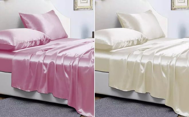 Bibb Home Silky Satin 4 Piece Sheet Set in Pink and Ivory Color