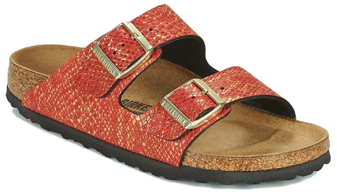 Birkenstock Arizona Birko Flor Leather Sandals in Red Color