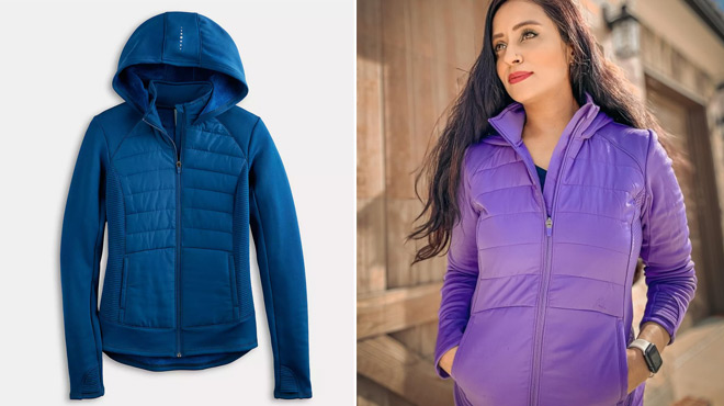 Blue Tek Gear Womens Hooded Jacket and a Lady Wearing a Purple Tek Gear Womens Hooded Jacket