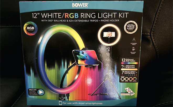 Bower 12 Inch Ring Light with Tripod Stand on a Couch