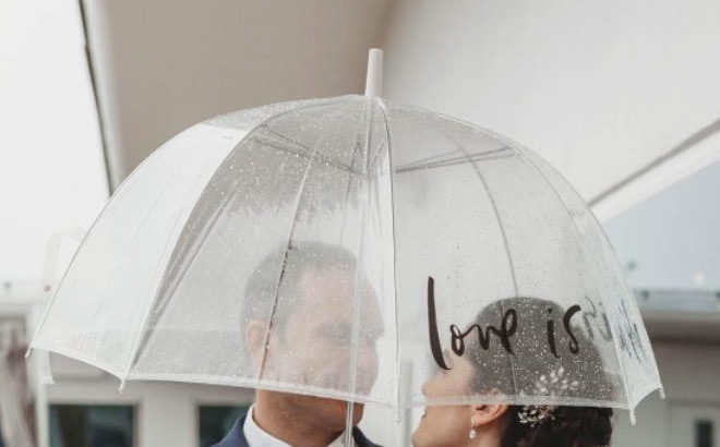 Bride Holding Kate Spade Love Is In The Air Clear Umbrella