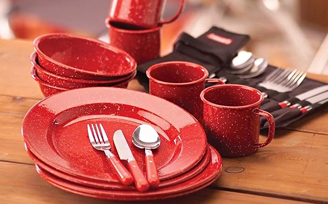 Coleman 24 Piece Enamel Dinnerware Set in Red Color