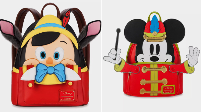 Disney 100 Pinocchio Loungefly Mini Backpack and Disney 100 Mickey Mouse The Band Concert Loungefly Mini Backpack