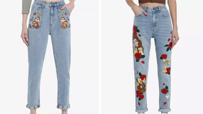 Disney Chip N Dale Embroidered Mom Jeans and Her Universe Disney Beauty And The Beast Character Mom Jeans