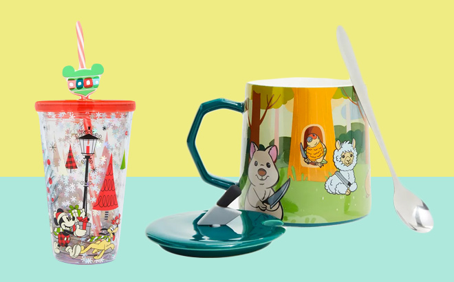 Disney Mickey Mouse And Friends Holiday Snow Acrylic Travel Cup and Knife Critters Mug With Spoon Lid