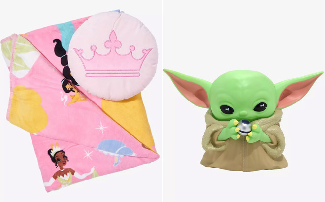 Disney Princess Throw Blanket Pillow Set on Left and Star Wars The Mandalorian Grogu on Right