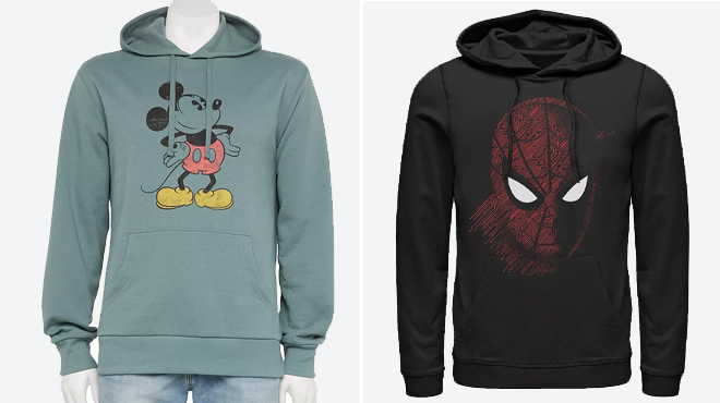 Disneys Mickey Mouse Mens Long Sleeve Fleece Hoodie and Mens Marvel Spider Man Far From Home Tech Build Up Fill Portrait Hoodie