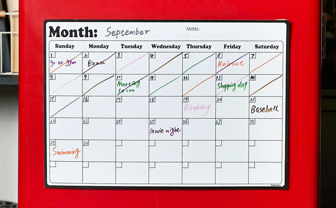 Dry Erase Magnetic Calendar on Red Fridge