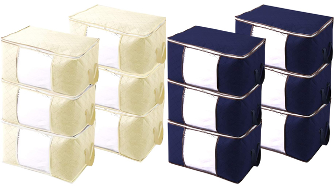 Extra Large Capacity Storage Bins 6 Pack in Beige and Blue