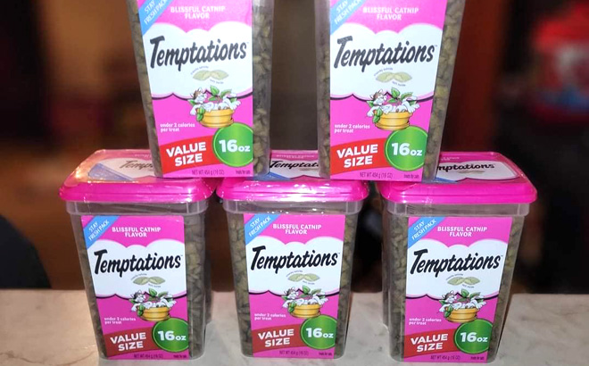 Five Counts of Temptations Cat Treats Blissful Catnip Flavor on a Table