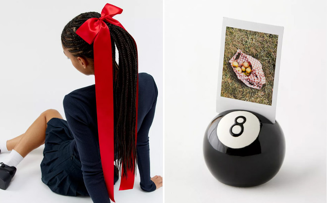 Girl Wearing Urban Outfitters Long Satin Hair Bow Barrette on Left and UO Pool Ball Photo Stand on Right