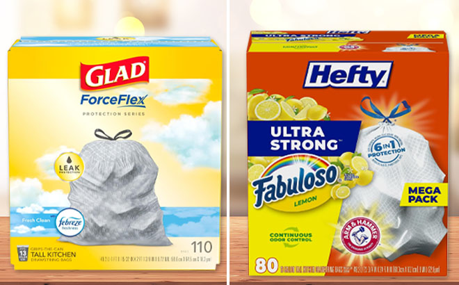 Glad ForceFlex Tall Kitchen Drawstring Trash Bags and Hefty Ultra Strong Tall Kitchen Trash Bags