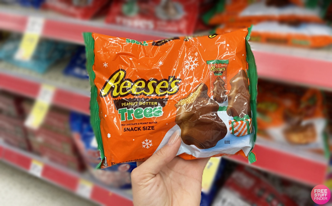 Hand Holding Reeses Peanut Butter Trees Christmas Snack Size Candy Bag