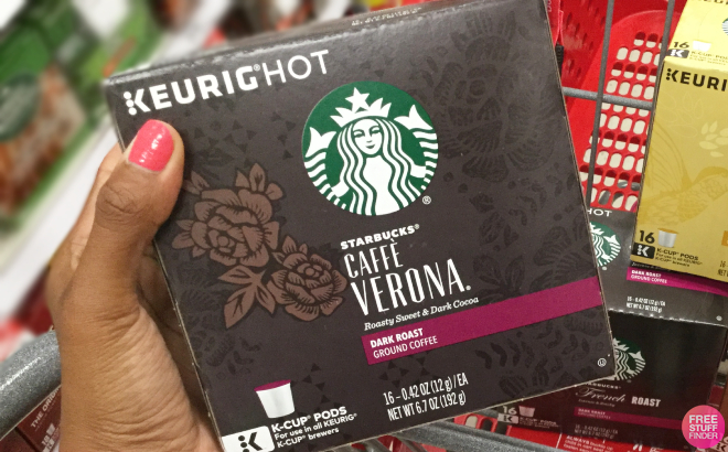 Hand Holding a Box of Starbucks Dark Roast Caffe Verona K Cup Pods