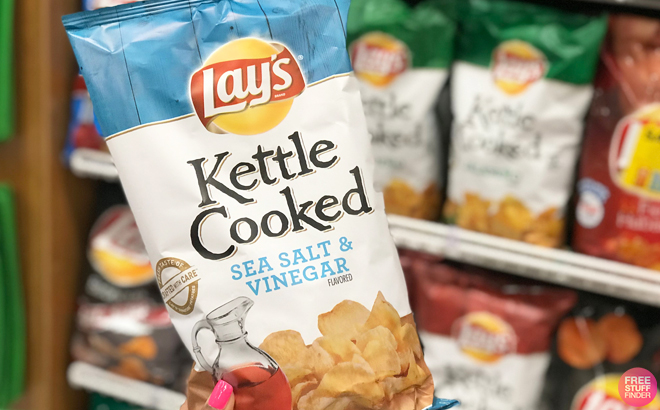 Hand Holding a Lays Kettle Cooked Potato Chips 8 oz Bag