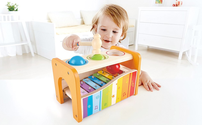 Hape Pound Tap Bench with Slide Out Xylophone Award Winning Durable Wooden Musical Pounding Toy for Toddlers