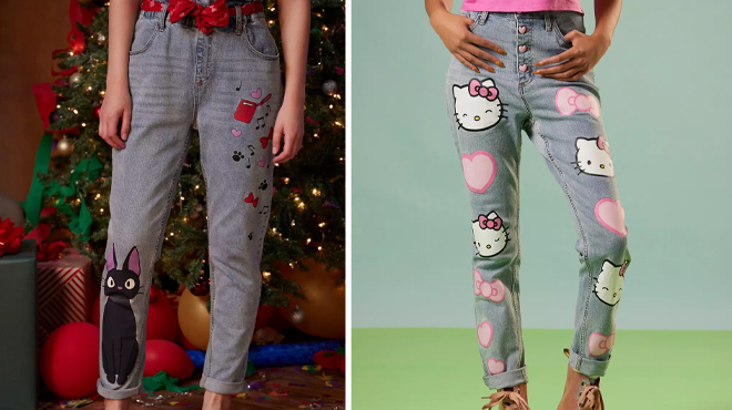 Her Universe Studio Ghibli Kikis Delivery Service Jiji Paperbag Jeans and Hello Kitty Hearts Mom Jeans